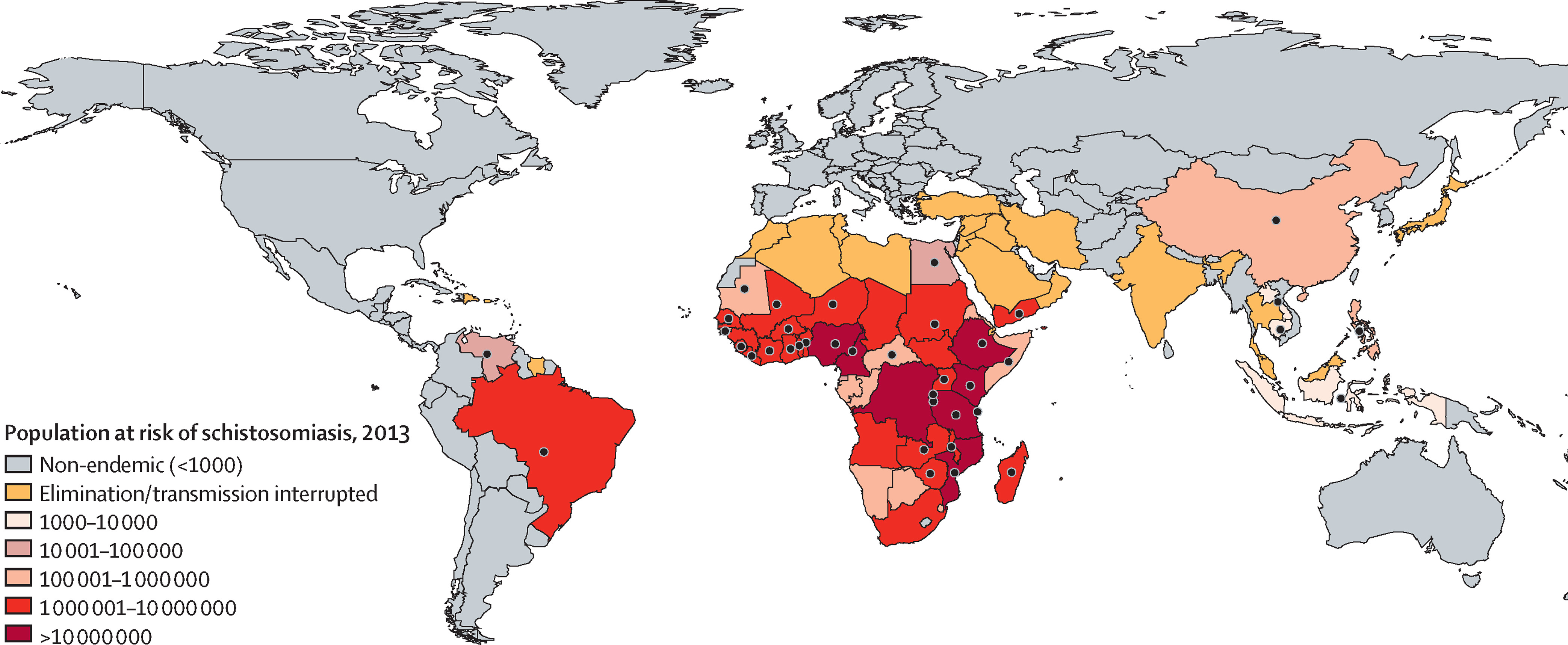 Wereldwijde distributie van schistosomiasis hotspots